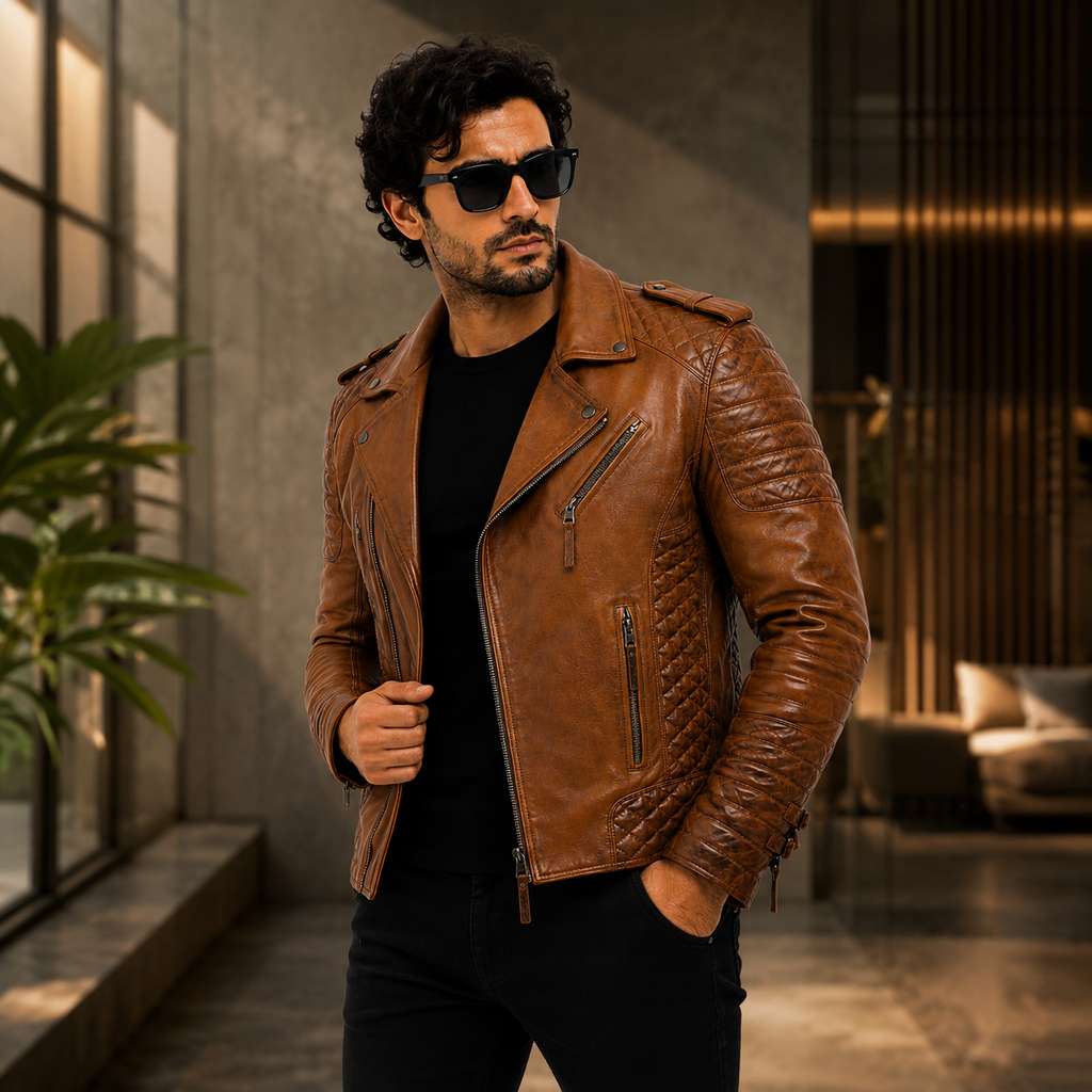 Men's Tan Brown Asymmetric Leather Biker Jacket