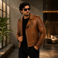 Men's Tan Brown Asymmetric Leather Biker Jacket