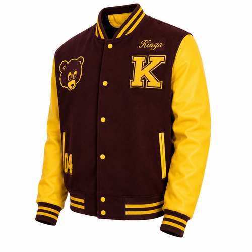 Maroon and Yellow Kings Varsity Jacket with Big K Letter and Bear Patch