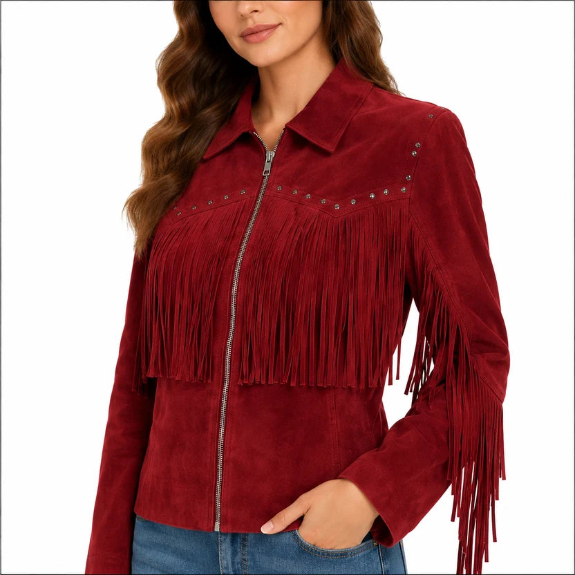 Women's Burgundy Red Suede Fringe Jacket