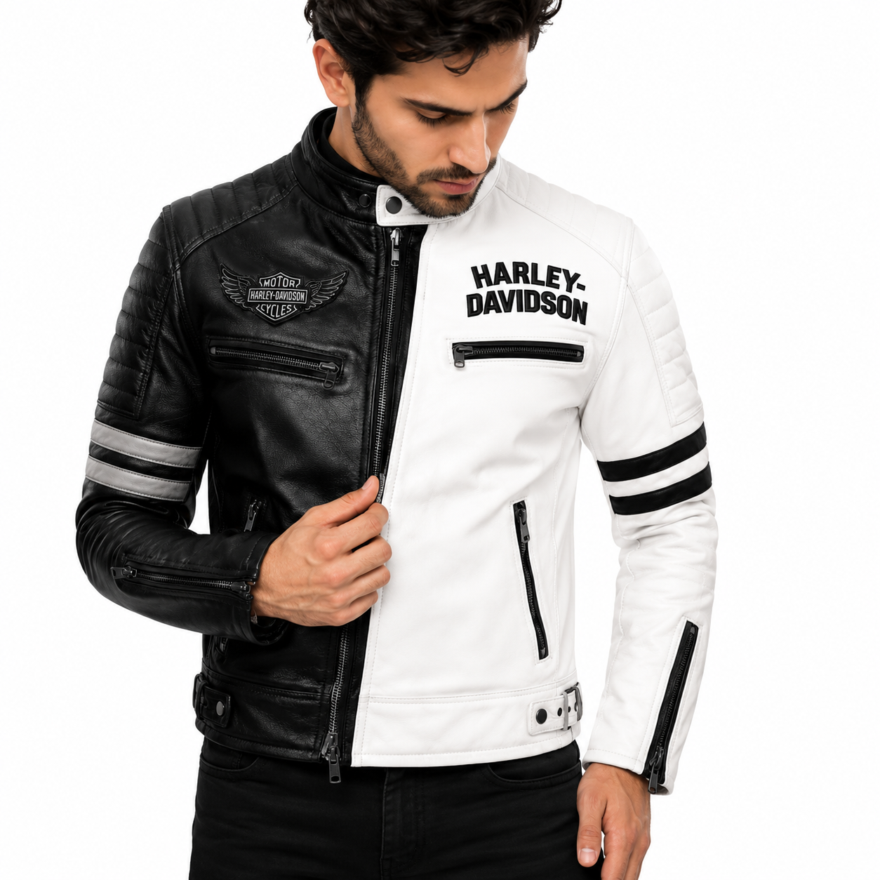 Men's Two Tone Black White Leather Biker Jacket