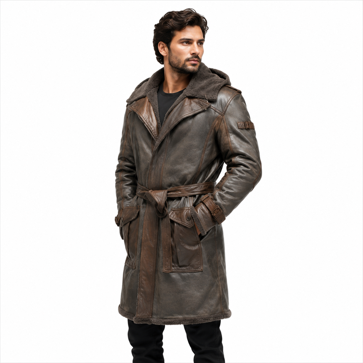 Men's Brown Shearling Leather Coat Winter Outfit
