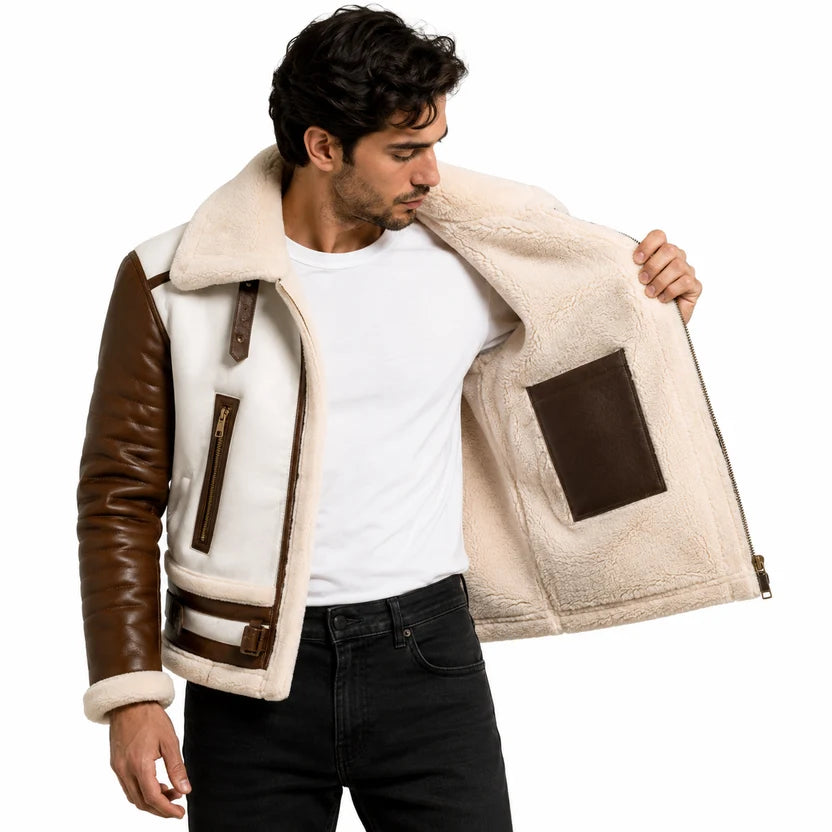 Brown leather quilted sleeves on white shearling bomber jacket