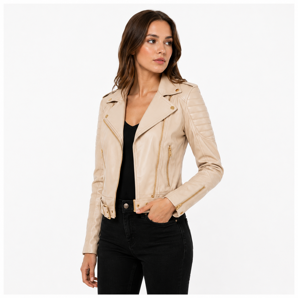 Women's Cropped Beige Leather Biker Jacket