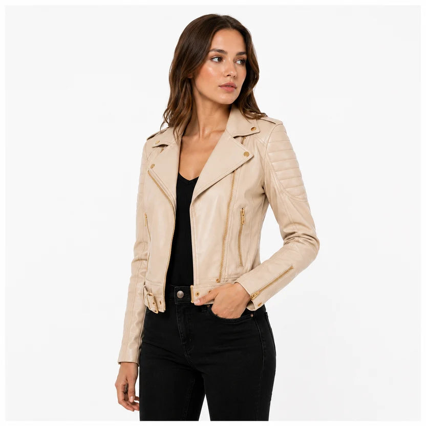 women's beige moto leather jacket