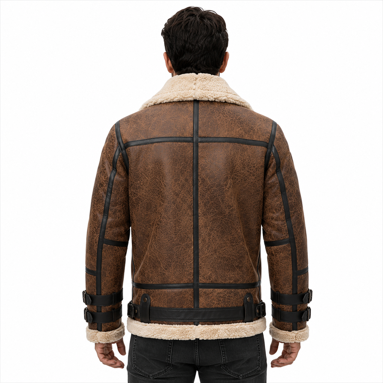 Men's Brown Distressed Shearling Aviator Leather Jacket