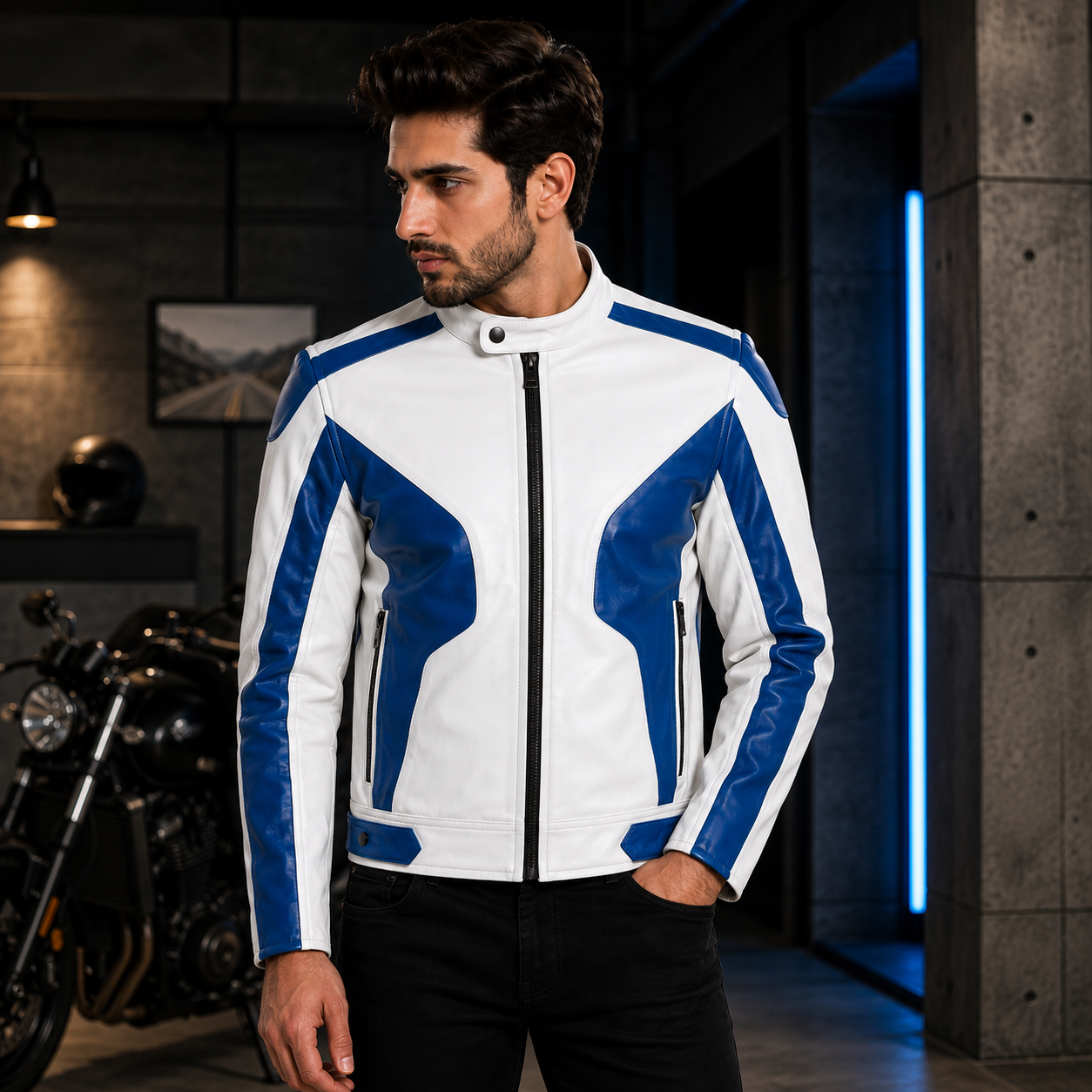 Men's White & Royal Blue Premium Leather Biker Jacket