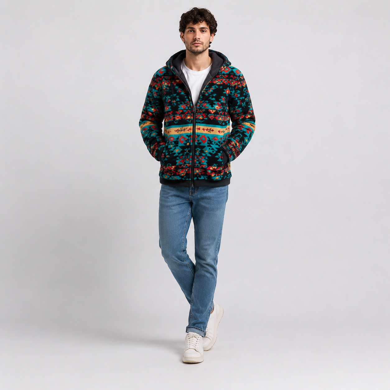Teal Black Aztec Tribal Pattern Sherpa Fleece Detail Men