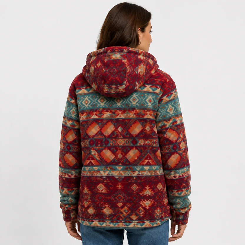 western aztec geometric pattern on maroon red Yellowstone style shacket