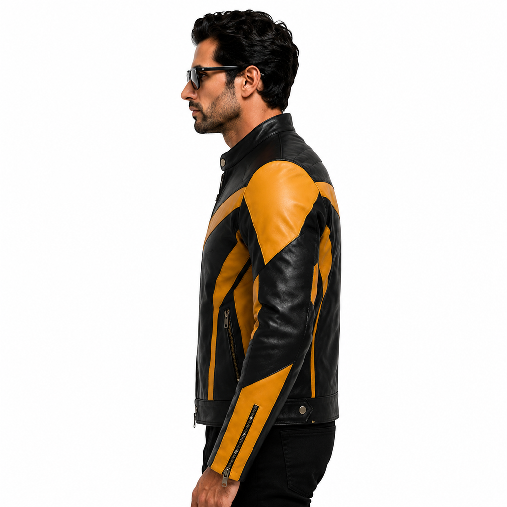 Men's Black & Mustard Yellow Racer Leather Jacket