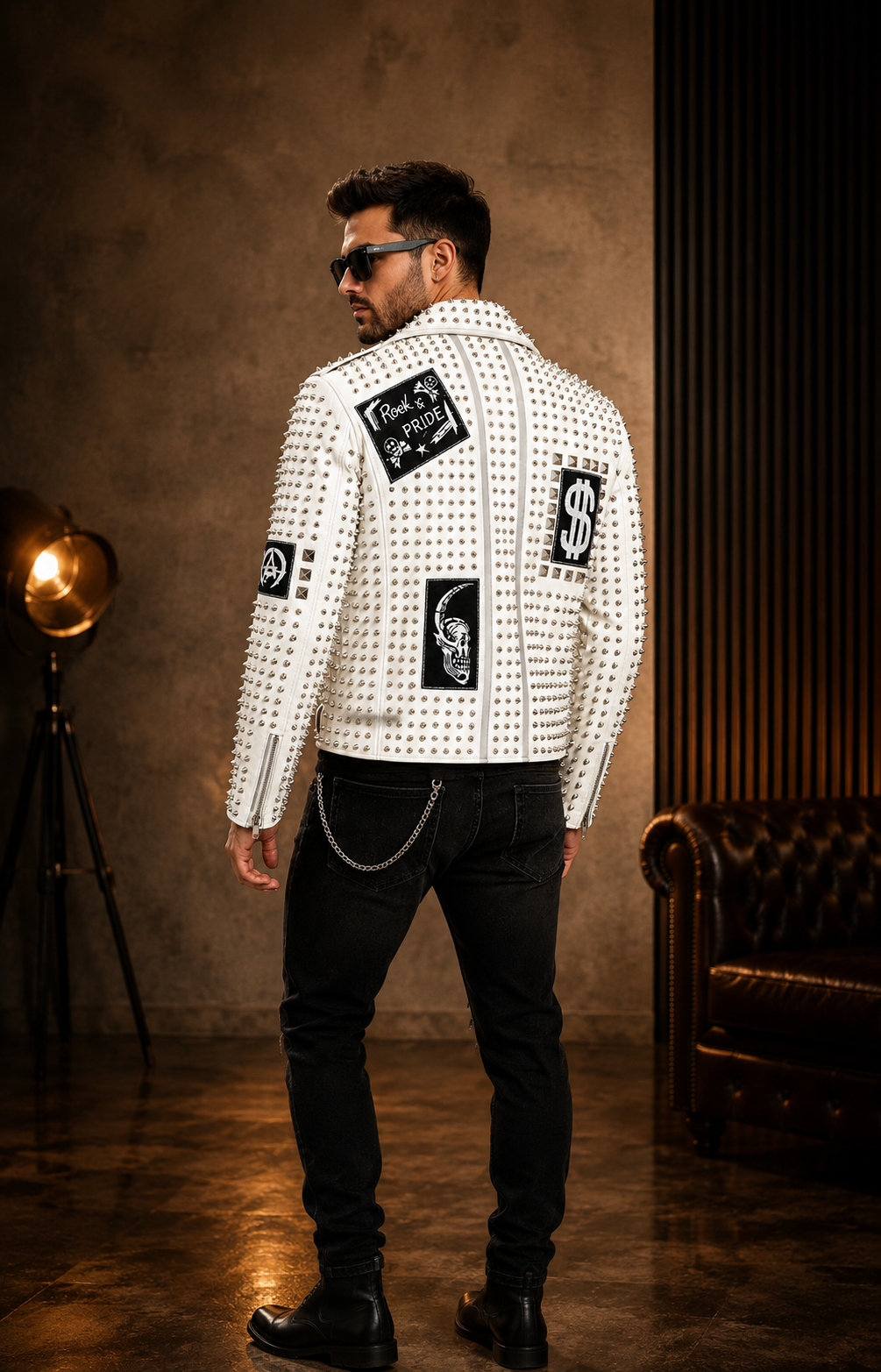 White studded leather biker jacket