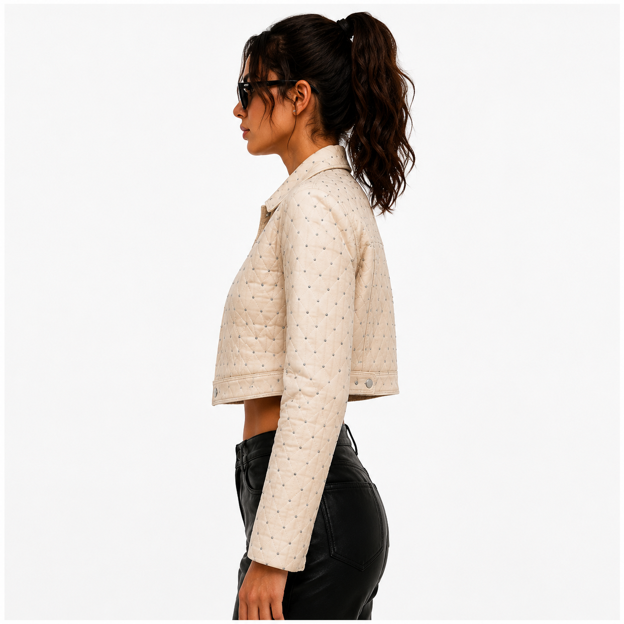 Women's Cream Cropped Studded Leather Jacket