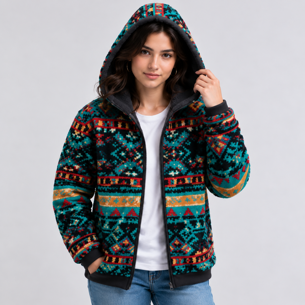 Women's Colorful Aztec Print Sherpa Jacket