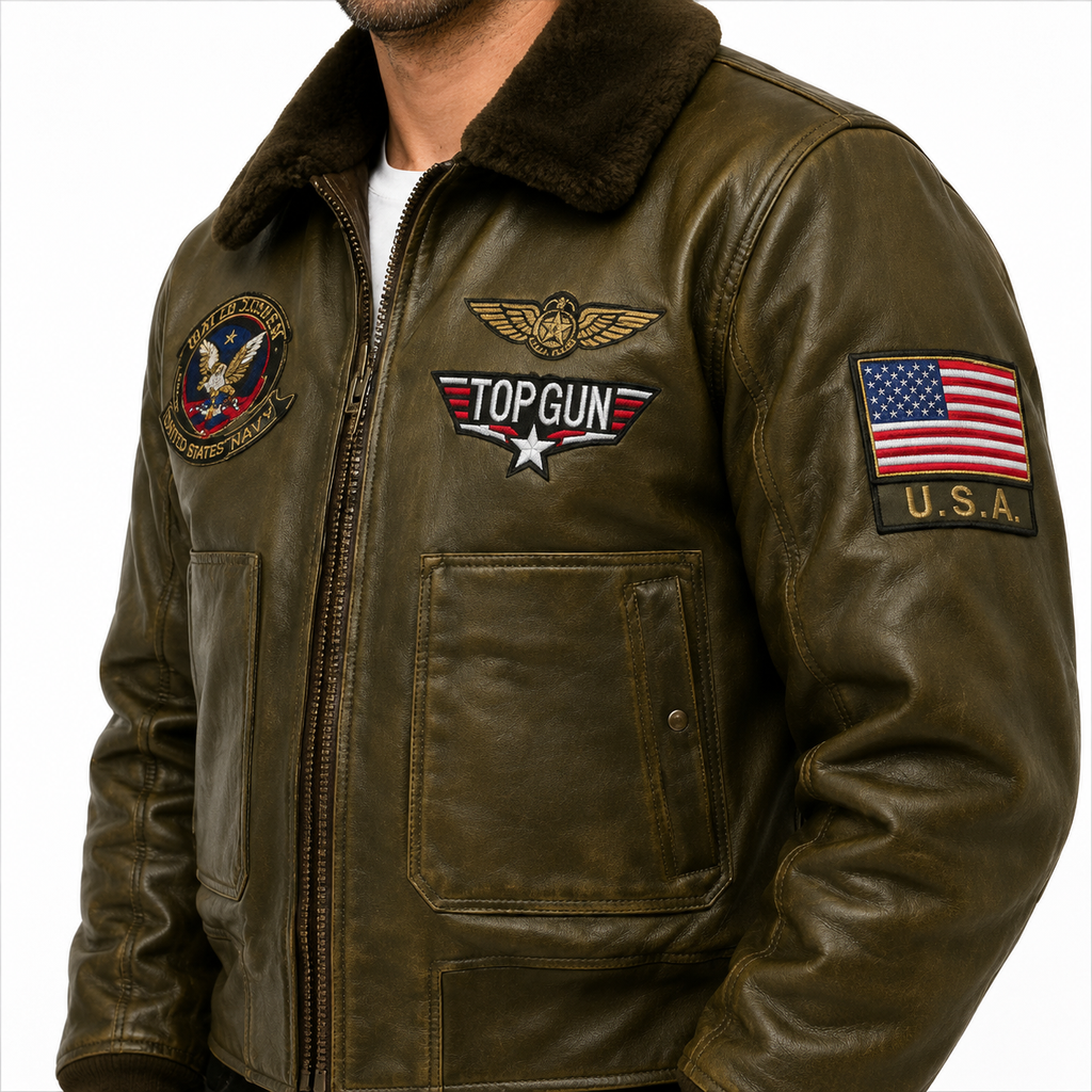 Men's Olive Green Top Gun G-1 Flight Leather Bomber Jacket