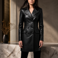 Women's Black Leather Trench Coat with Dress Office Outfit