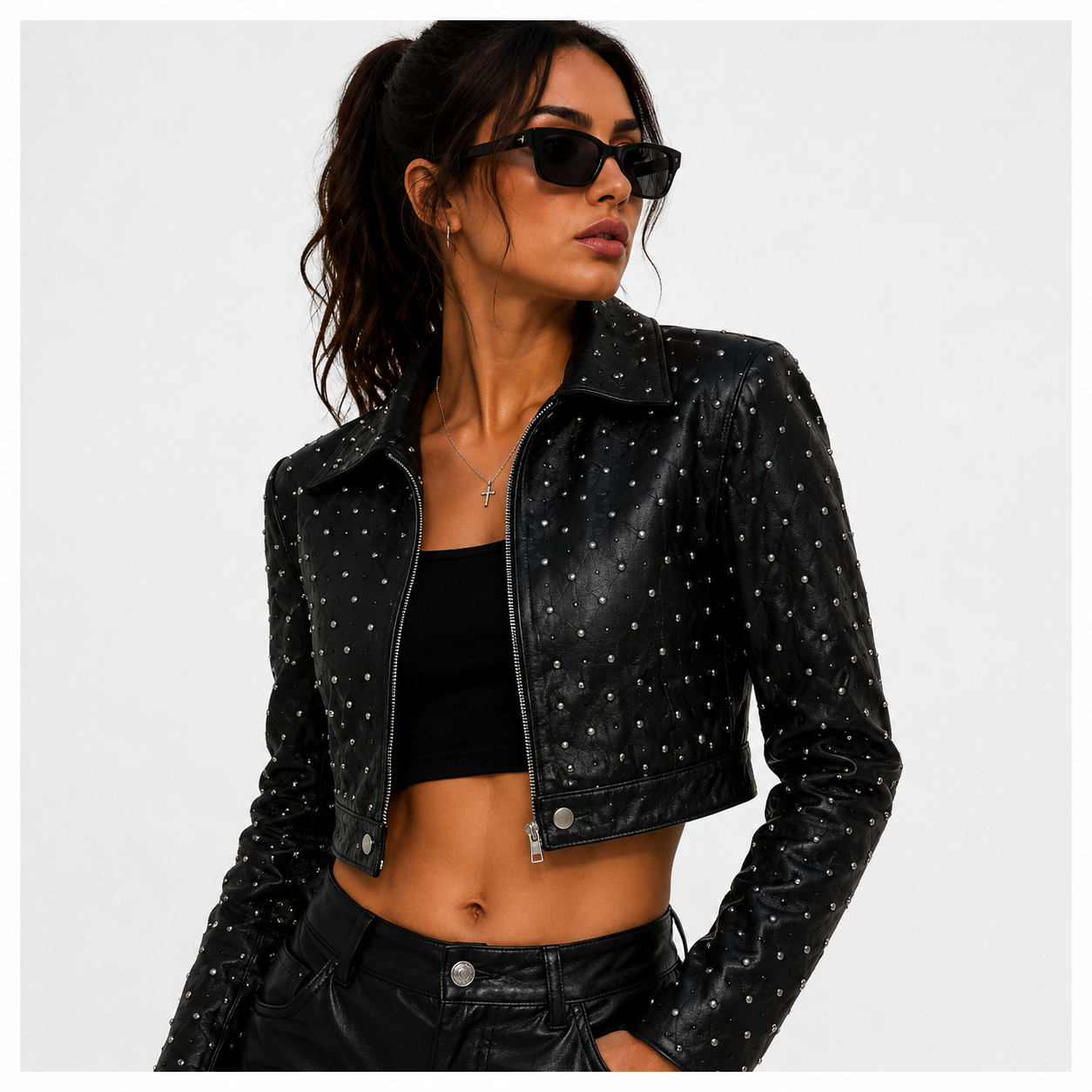 Women's Cropped Studded Leather Biker Jacket.