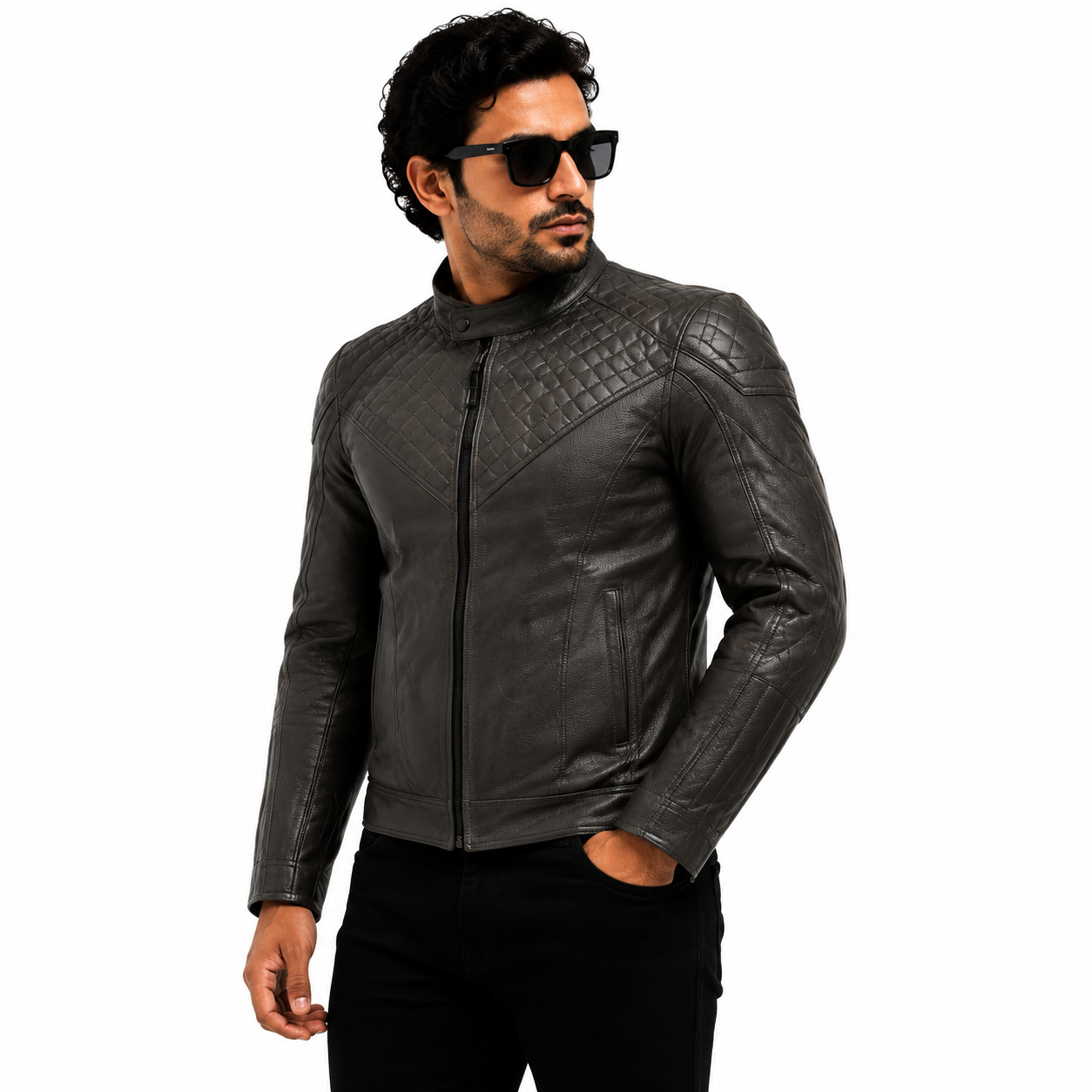 Men's Charcoal Gray Quilted Racer Leather Jacket