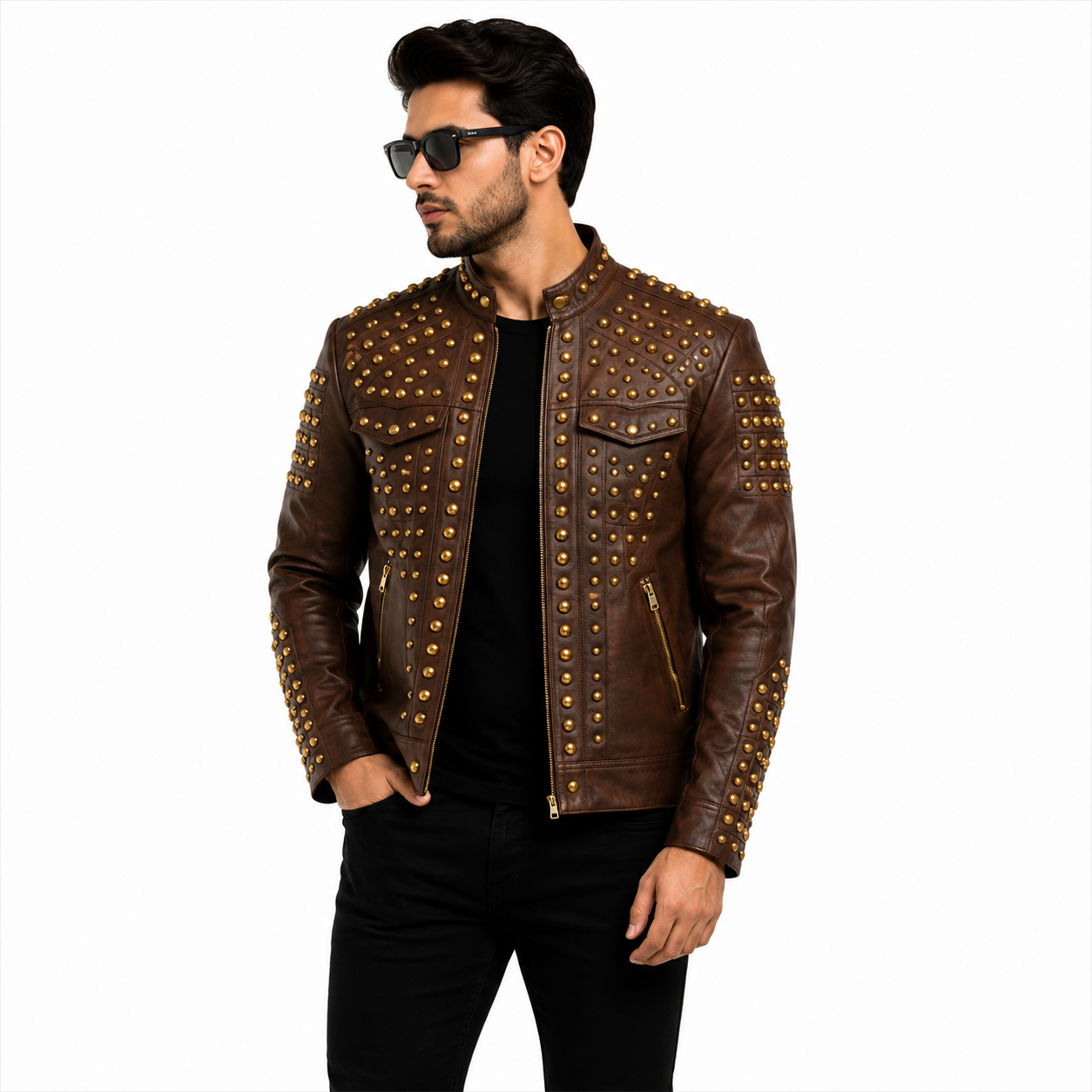 Men's Brown Studded Leather Moto Jacket