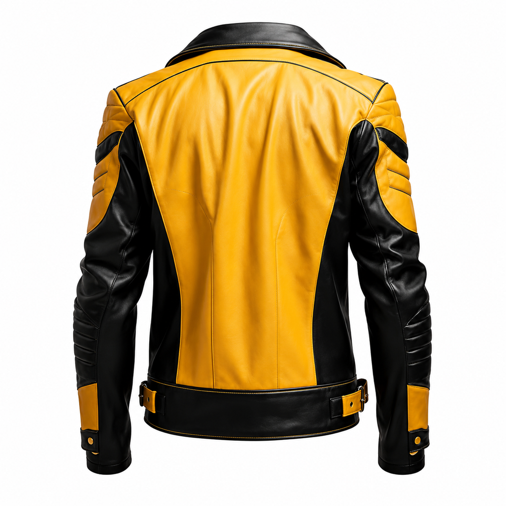 Men's Yellow and Black Biker Leather Jacket with Asymmetric Zipper
