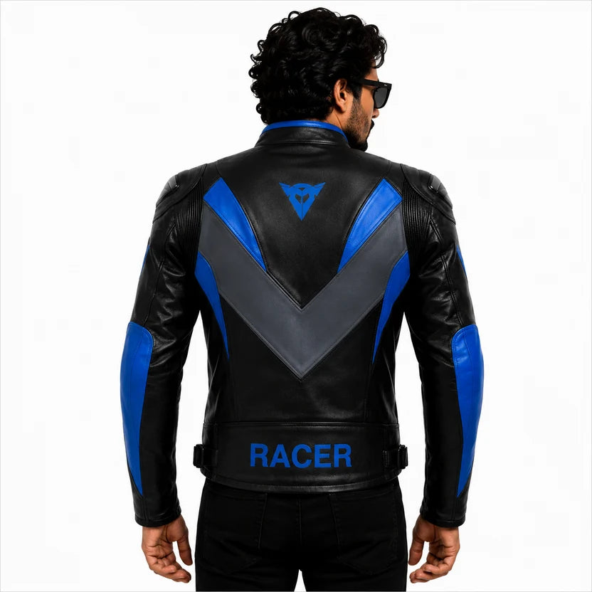 Men's Black Blue Racer Leather Jacket Sport Motorcycle Streetwear Outfit