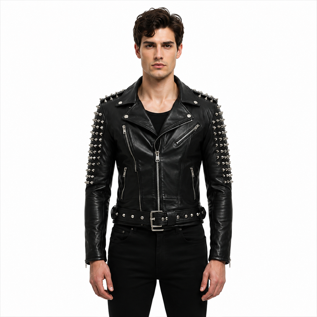 Men's Black Spiked Leather Jacket with Belt Rock