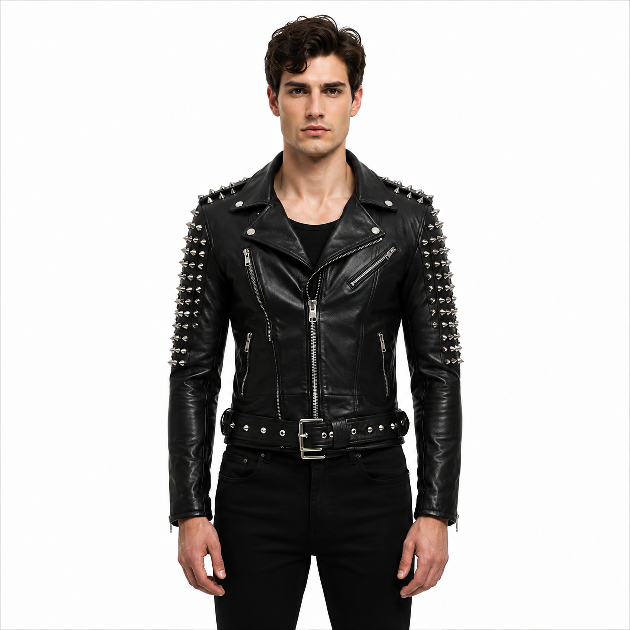 Men's Black Spiked Leather Jacket with Belt Rock