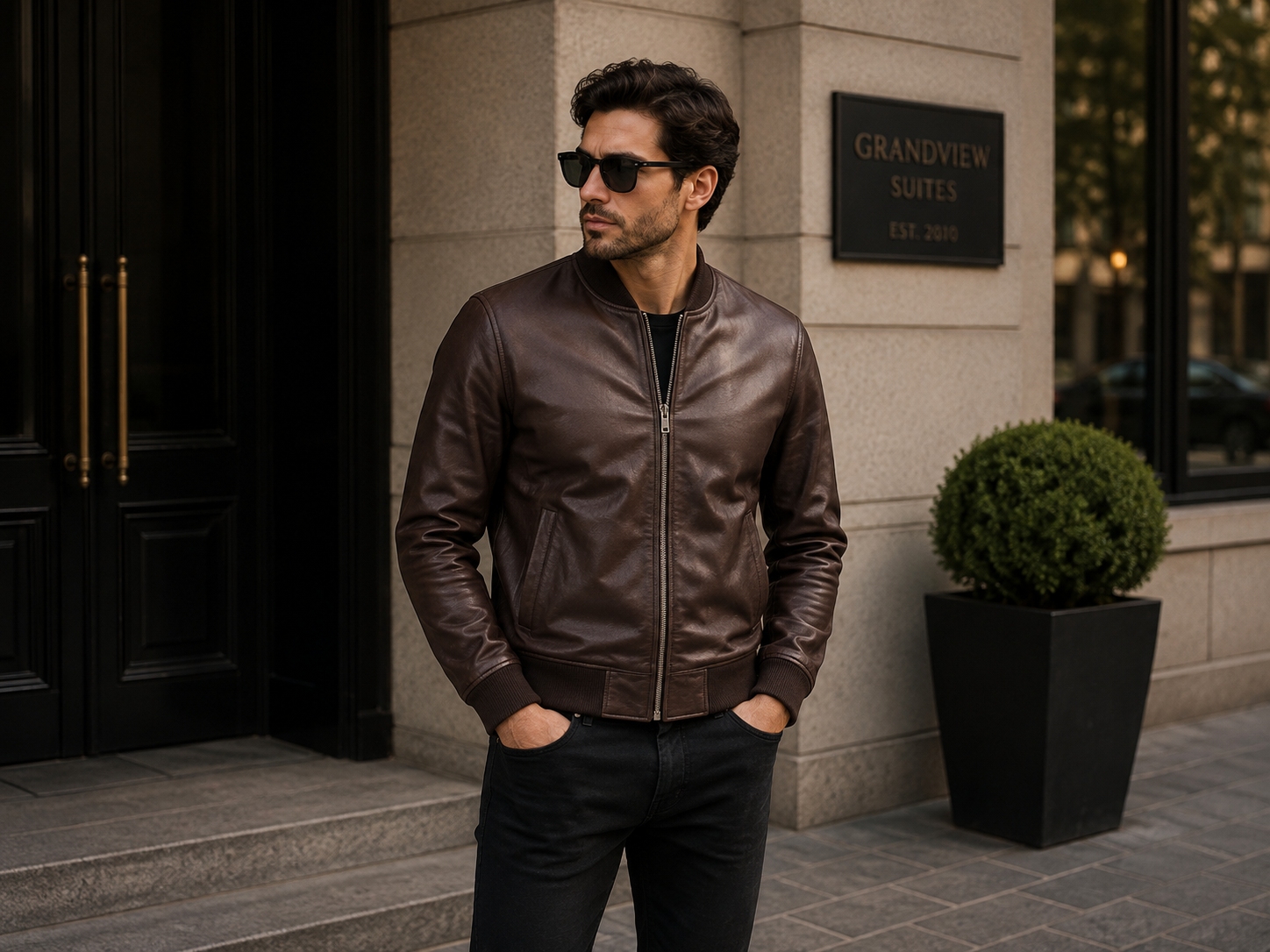 Men's Dark Brown Genuine Leather Classic Bomber Jacket