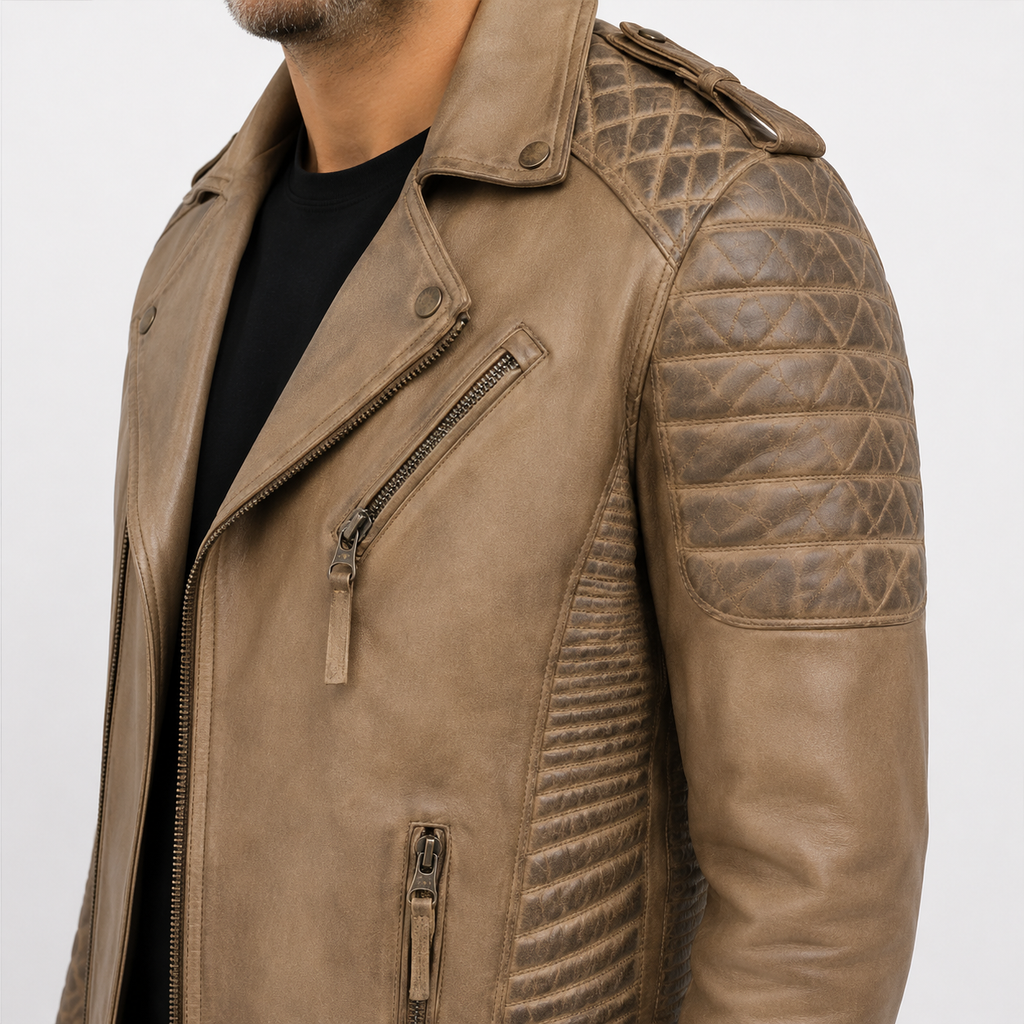 Men's Distressed Beige Taupe Asymmetric Leather Biker Jacket