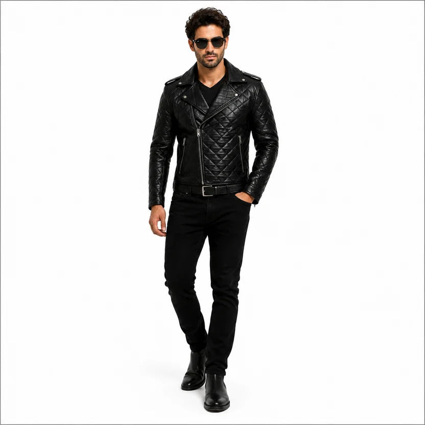 Men's White Leather Quilted Biker Jacket