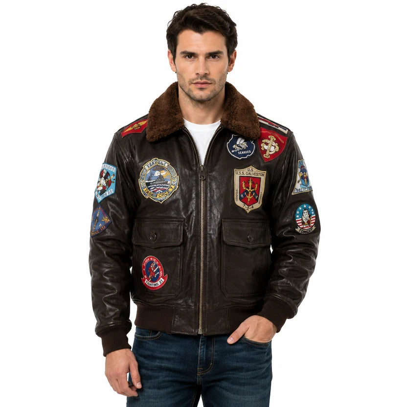 Men's Black Genuine Leather Top Gun Bomber Aviator Jacket