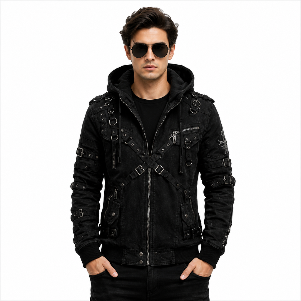 Men's Black Gothic Hooded Biker Jacket