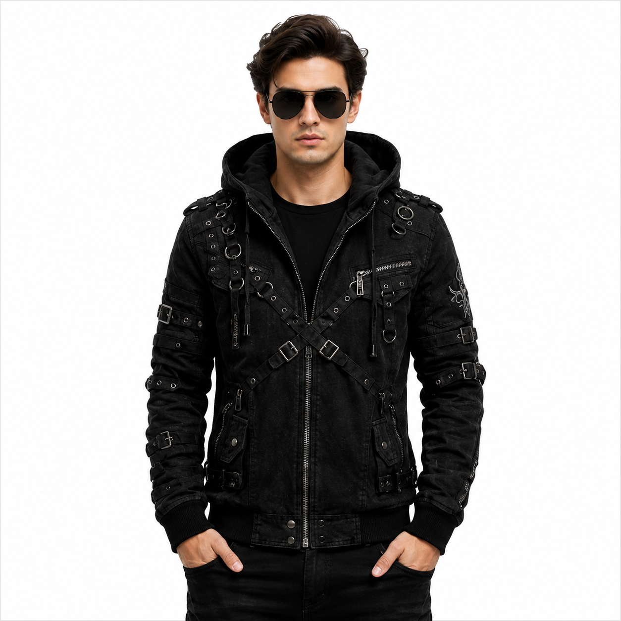 Men's Black Gothic Hooded Biker Jacket