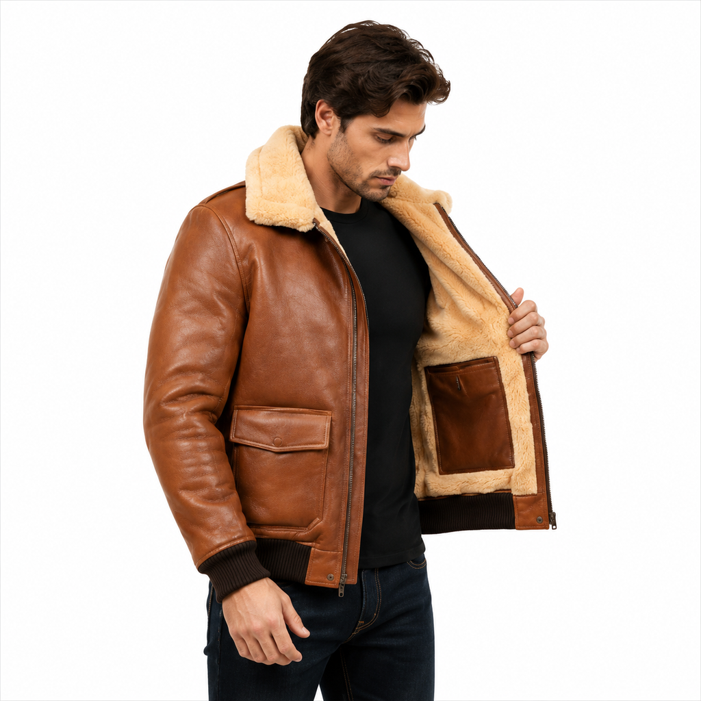 Men's tan brown leather aviator flight jacket