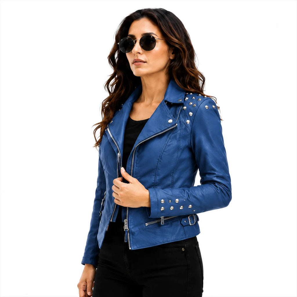 women's light blue leather biker jacket