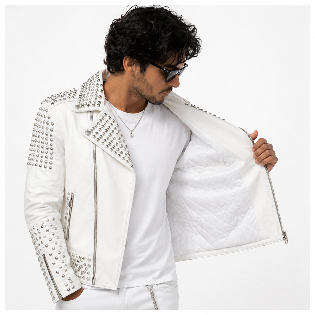 Men's Brando Spike Studded WhiteLeather Biker Jacket