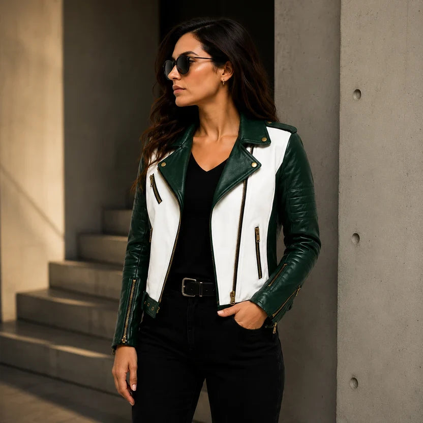 Women's Black & White Genuine Leather Moto Jacket