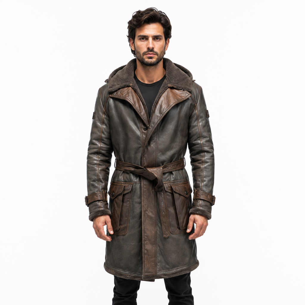 Men's Brown Shearling Leather Trench Coat 