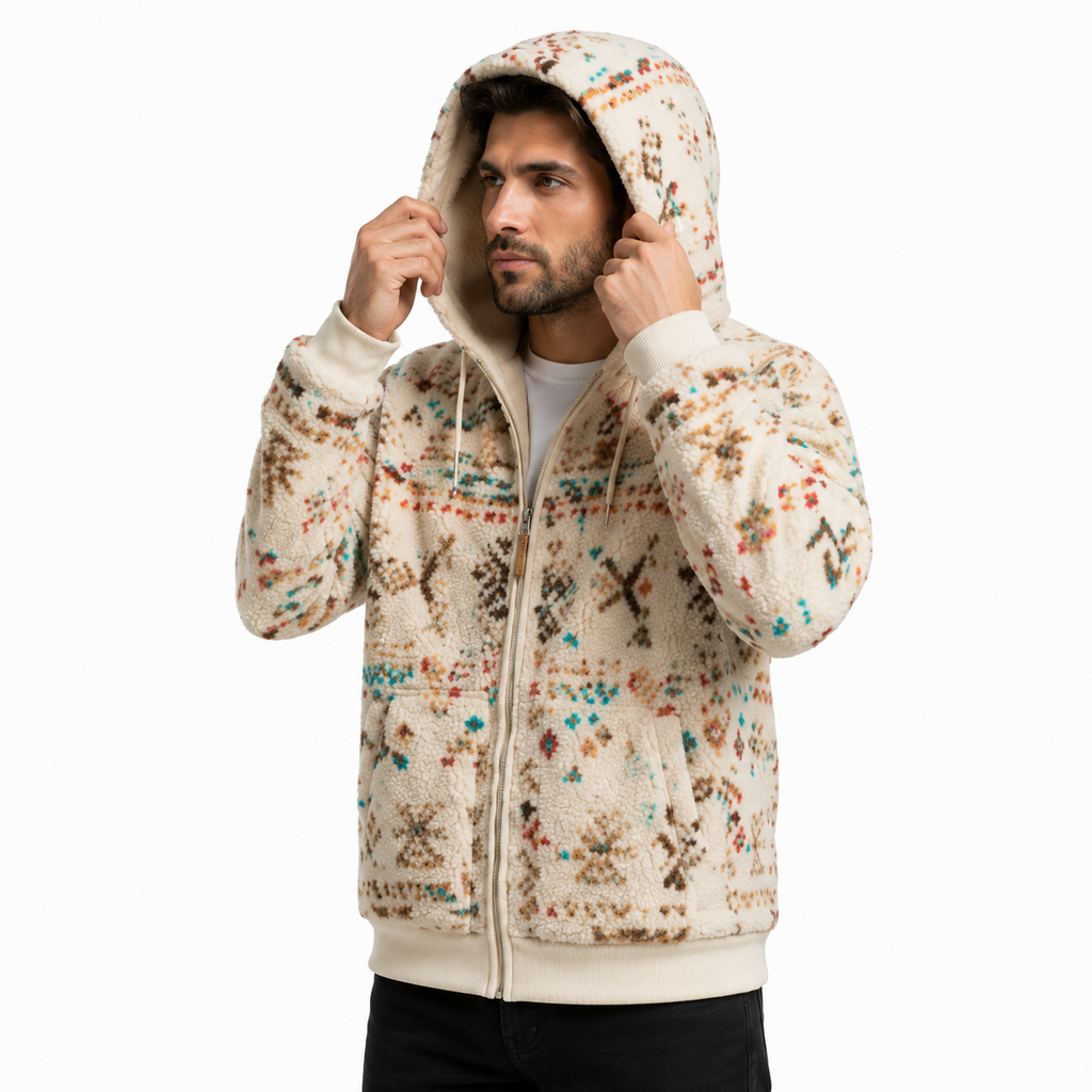 Men's Beige Aztec Sherpa Fleece Hooded Jacket 