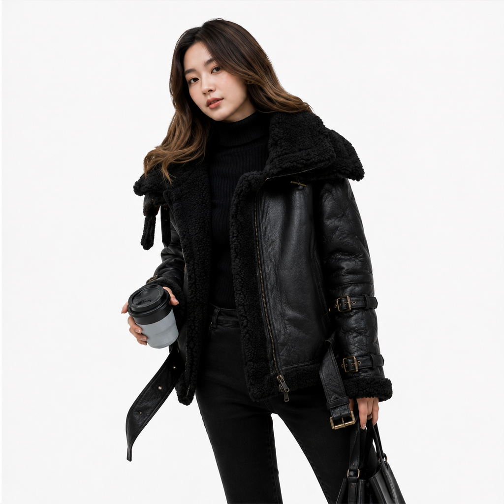 Velocite Oversized Leather Shearling Jacket