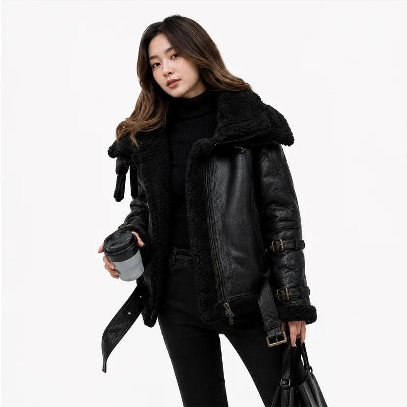 women's black genuine leather shearling bomber jacket