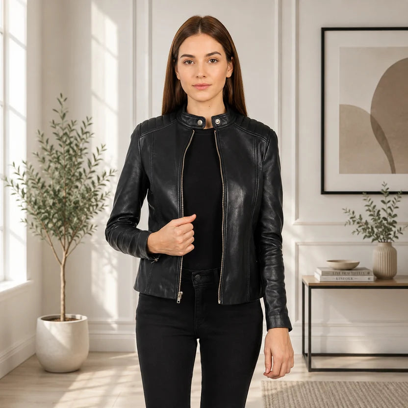 Women's Blue Genuine Leather Jacket