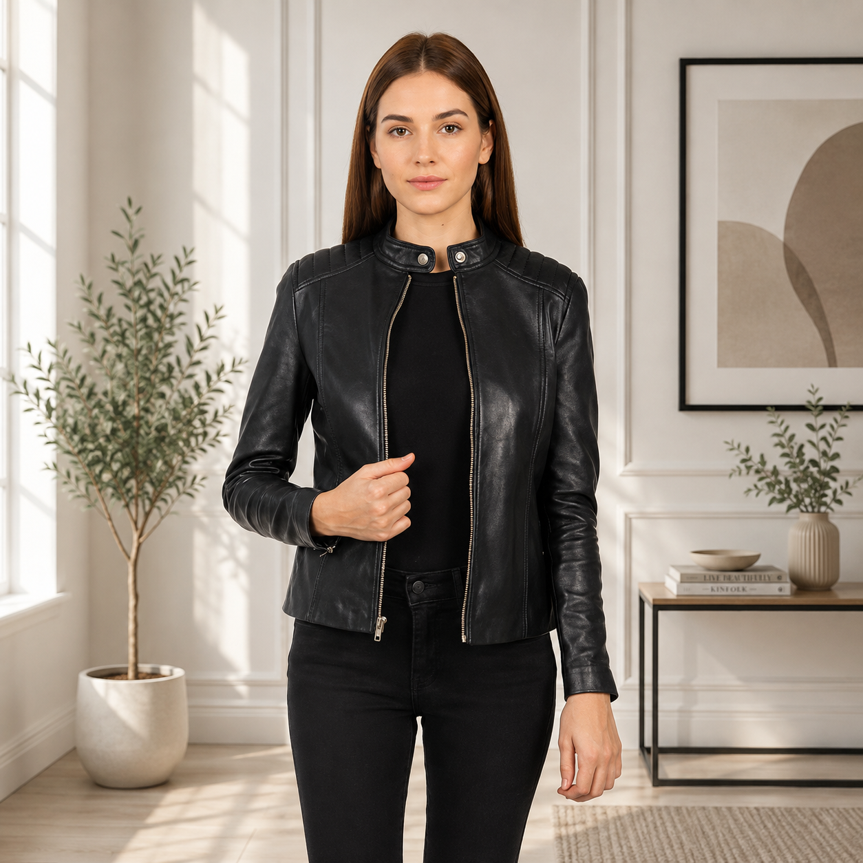Women's Black Genuine Leather Cafe Racer Jacket