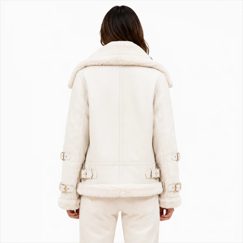 Women's off-white shearling aviator jacket winter outfit