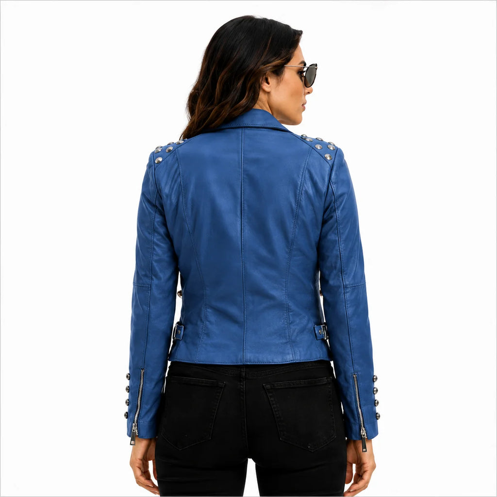 Women's Light Blue Studded Leather Moto Jacket