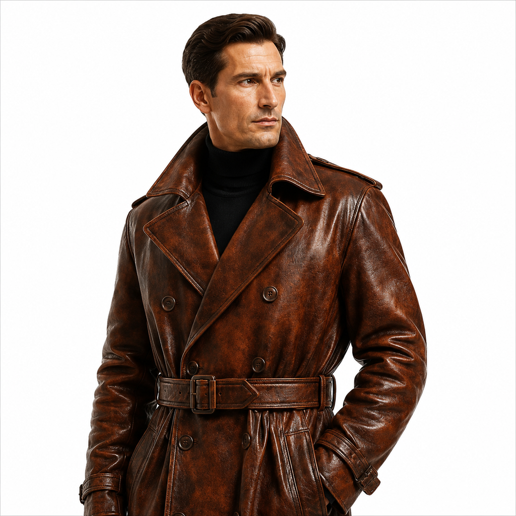 Genuine Leather Trench Coat Detail Belt and Buttons