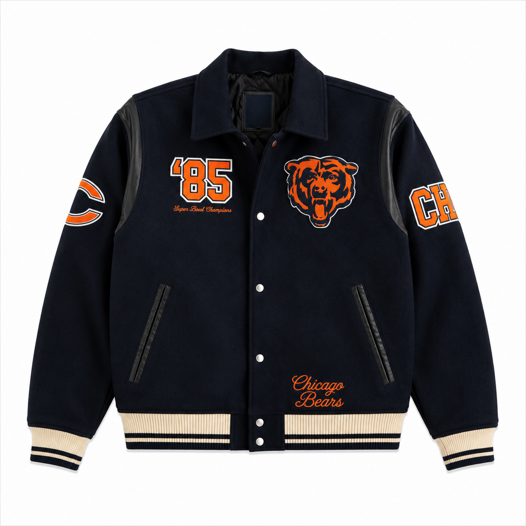 Navy Blue Chicago Bears NFL Varsity Jacket with Bear Logo and 85 Patch
