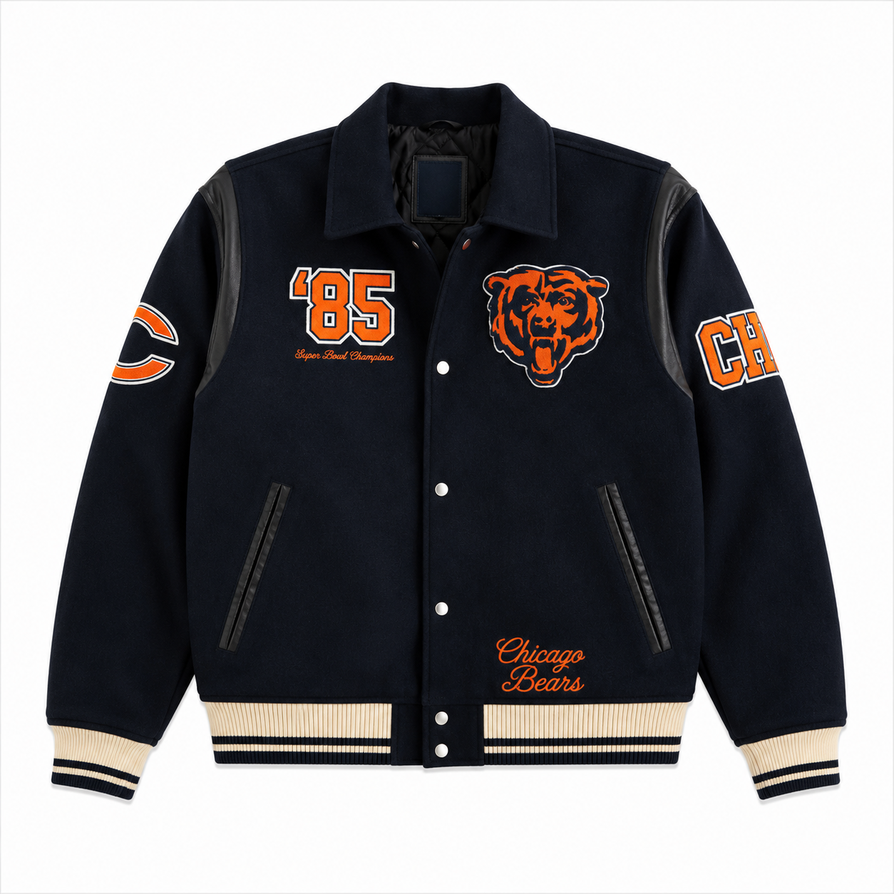 Navy Blue Chicago Bears NFL Varsity Jacket with Bear Logo and 85 Patch