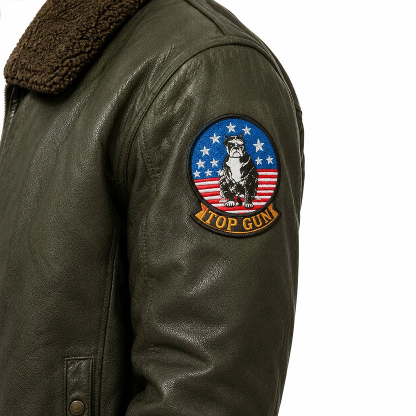 Green Leather Top Gun Jacket with USA Flag Patch 