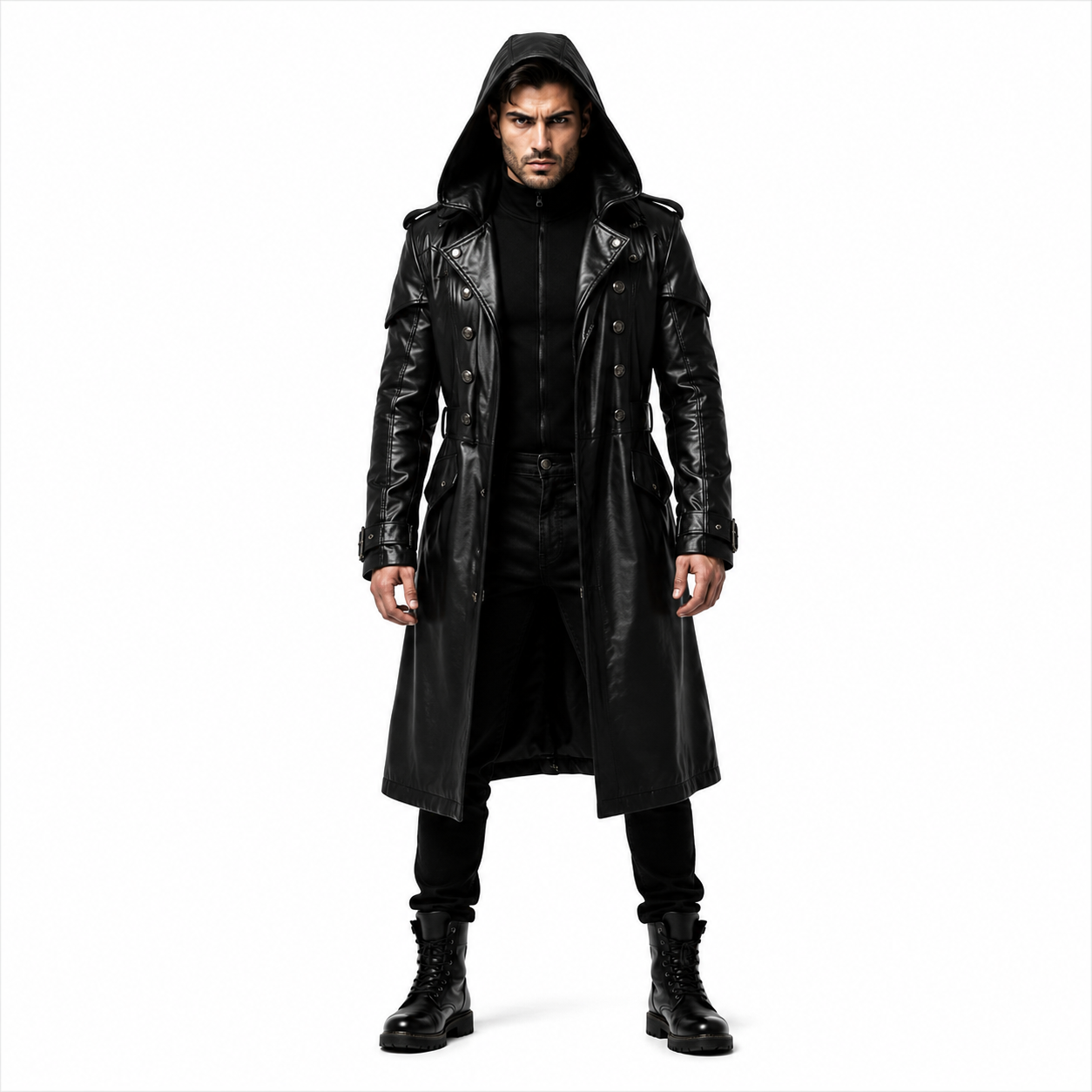 Men's Black Hooded Genuine Leather Trench Coat 