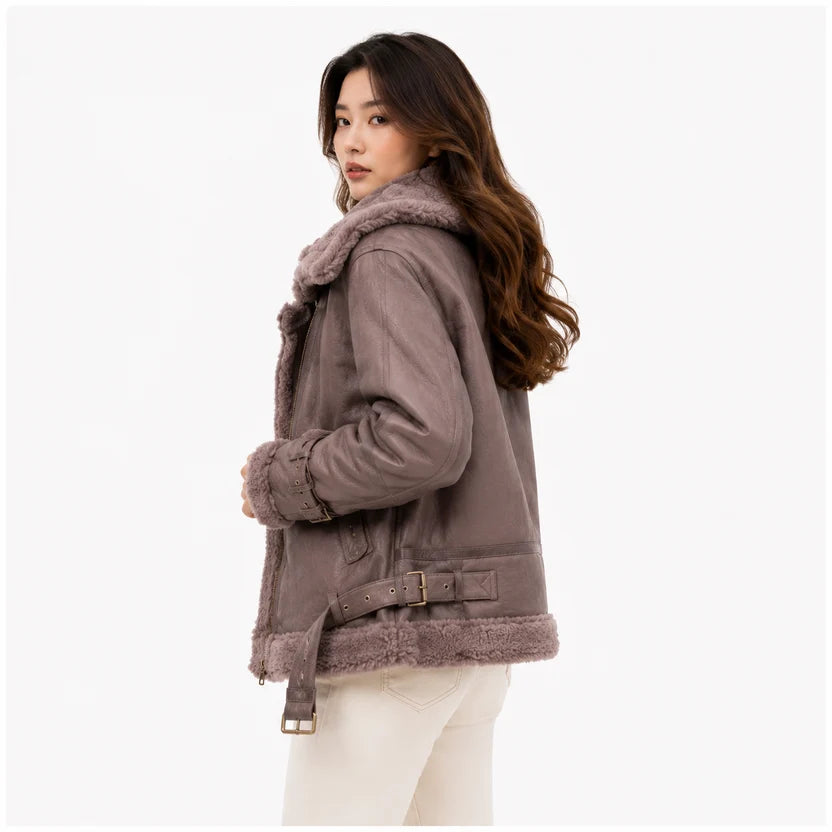 Women's mauve leather shearling jacket